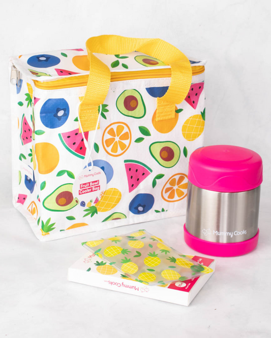 Food travel set with pink food flask