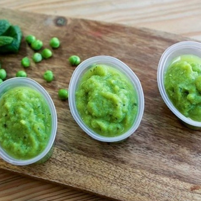 Courgette and Pea Puree, portion pot, weaning baby food, dip with finger food