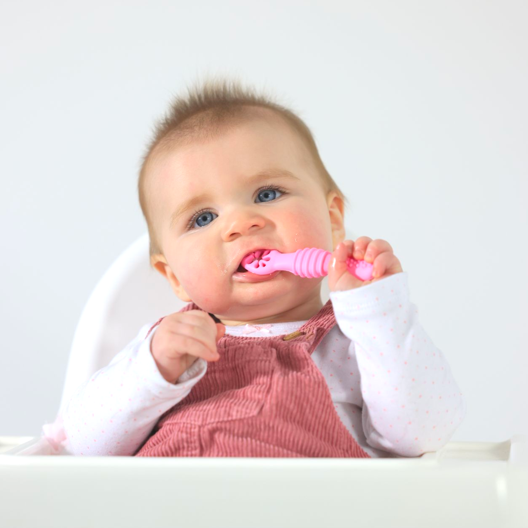 Silicone training spoon teether, pink teether 