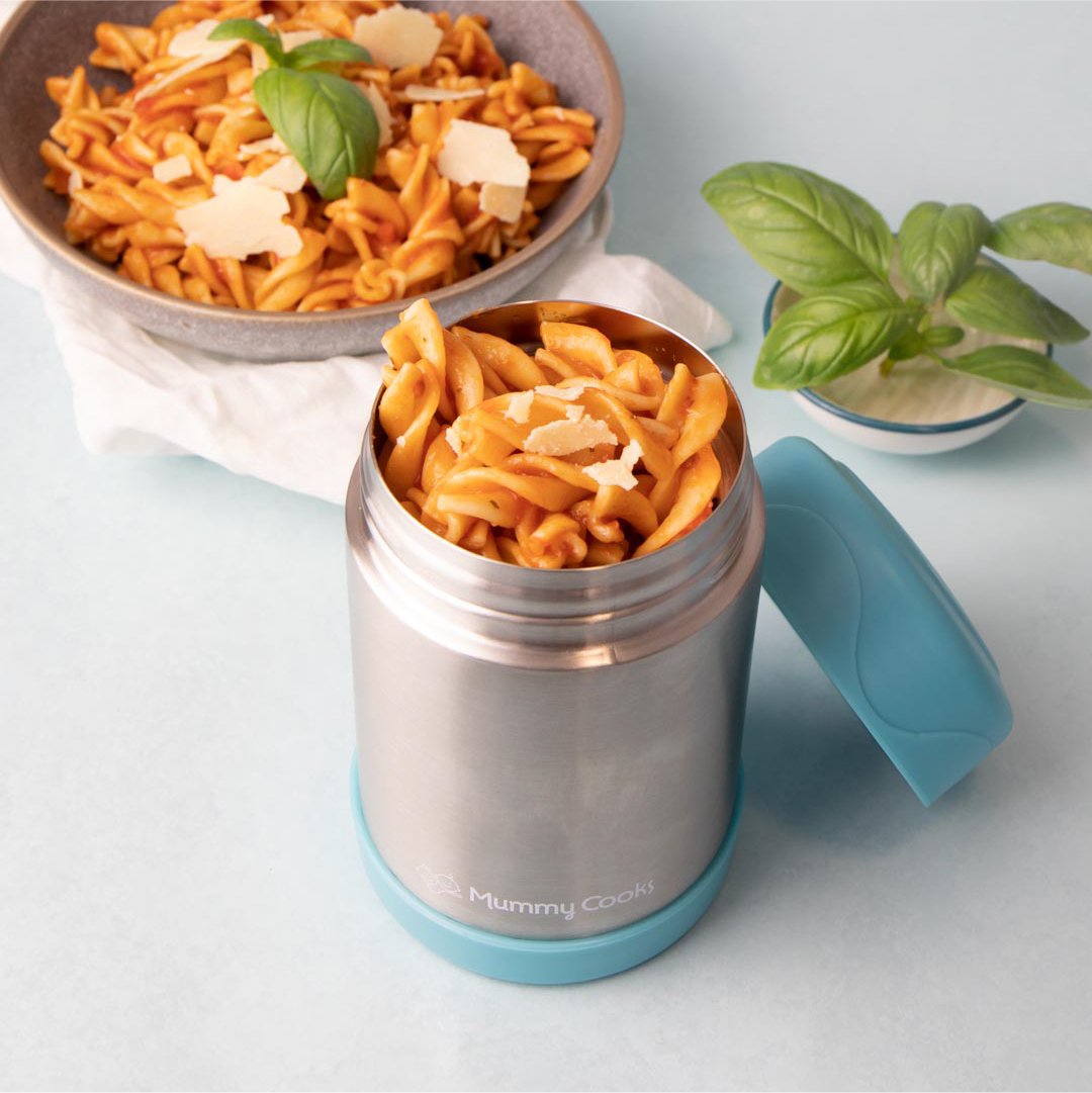 Mummy Cooks Blue 450ml Food Flasks - For an older school going child or adult - keeps food hot or cold for up to 12 hours